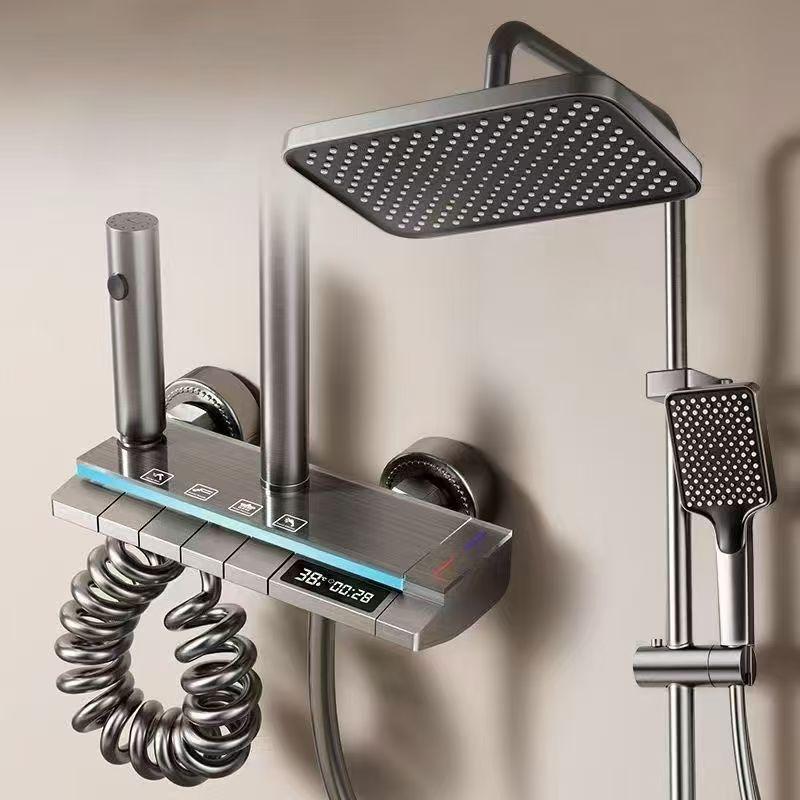 Set coloana dus digital cu termostat, afisaj LED, 4 functii curgere apa, control termostatic, robinet tip cascada, Gri Grafit