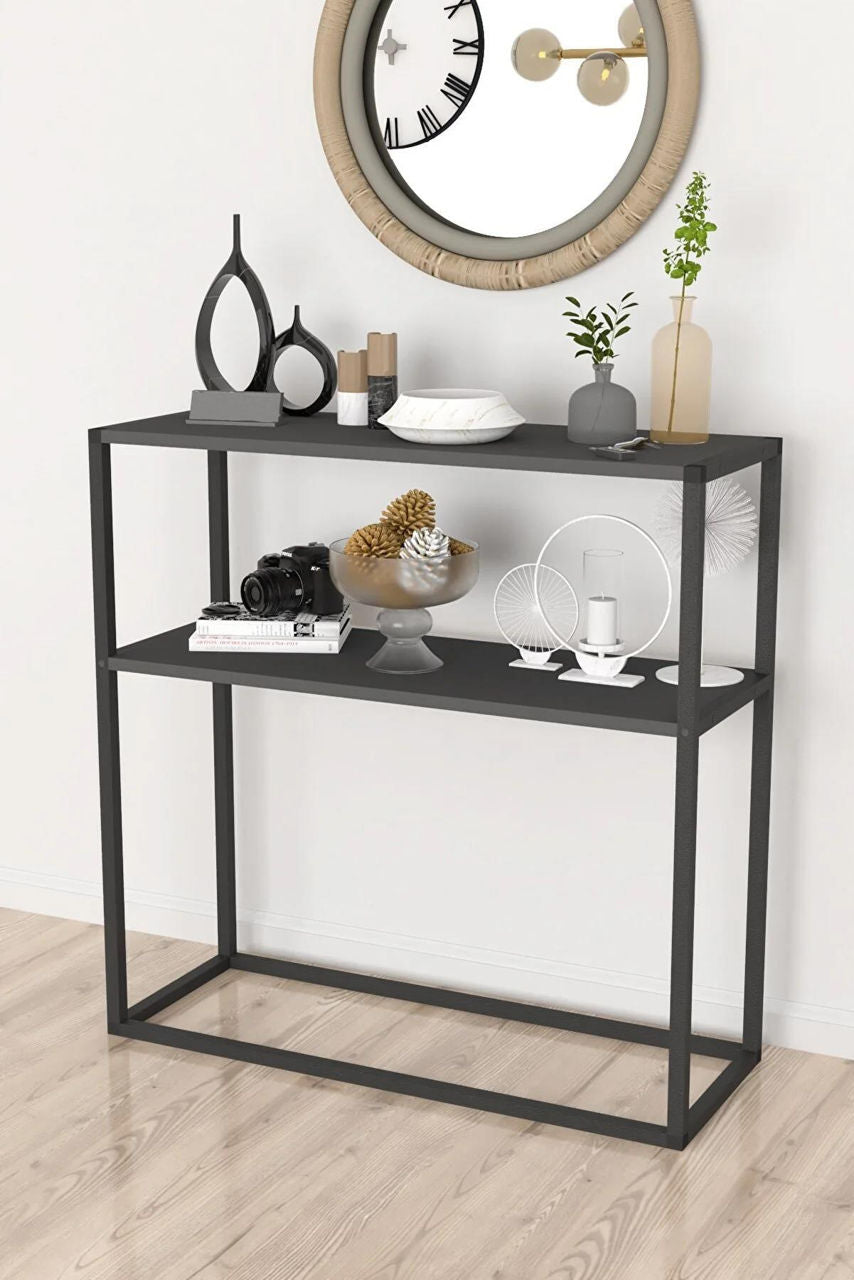 Masă consola decorativa cu 2 rafturi, 90x90x33,5 cm, efect stejar și cadru metalic