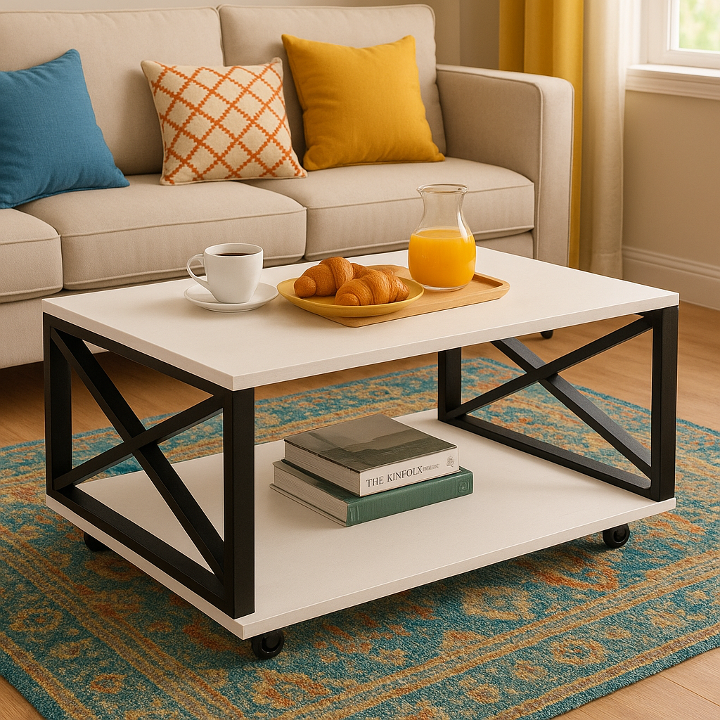 Masuta de cafea moderna, cu blat melaminat alb si cadru metalic, cu roti si spatiu de depozitare,  98 x 60 x 33.6 cm