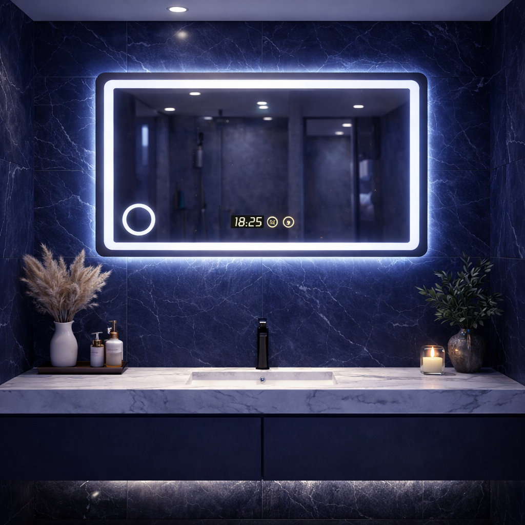RESIGILAT - Oglinda LED premium, 90x70 cm, iluminare reglabila, lupa, touch, dezaburire, ceas