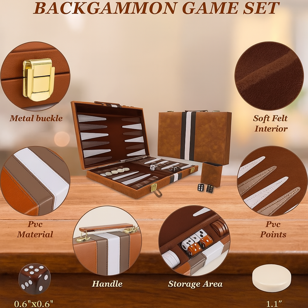 Set de Table Backgammon din piele, design clasic, 40 cm