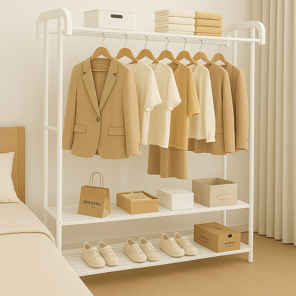 Suport dublu de umerase pentru haine, cu 2 suporti de pantofi, din metal, cu raft depozitare deasupra – 70KG greutate maxima, 150 x 110 x 50cm