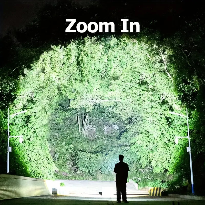 Lanterna profesionala cu led laser, 5km raza actiune, 30000 lumeni, 6 moduri luminare, 90W, incarcare USB-C, baterii incluse