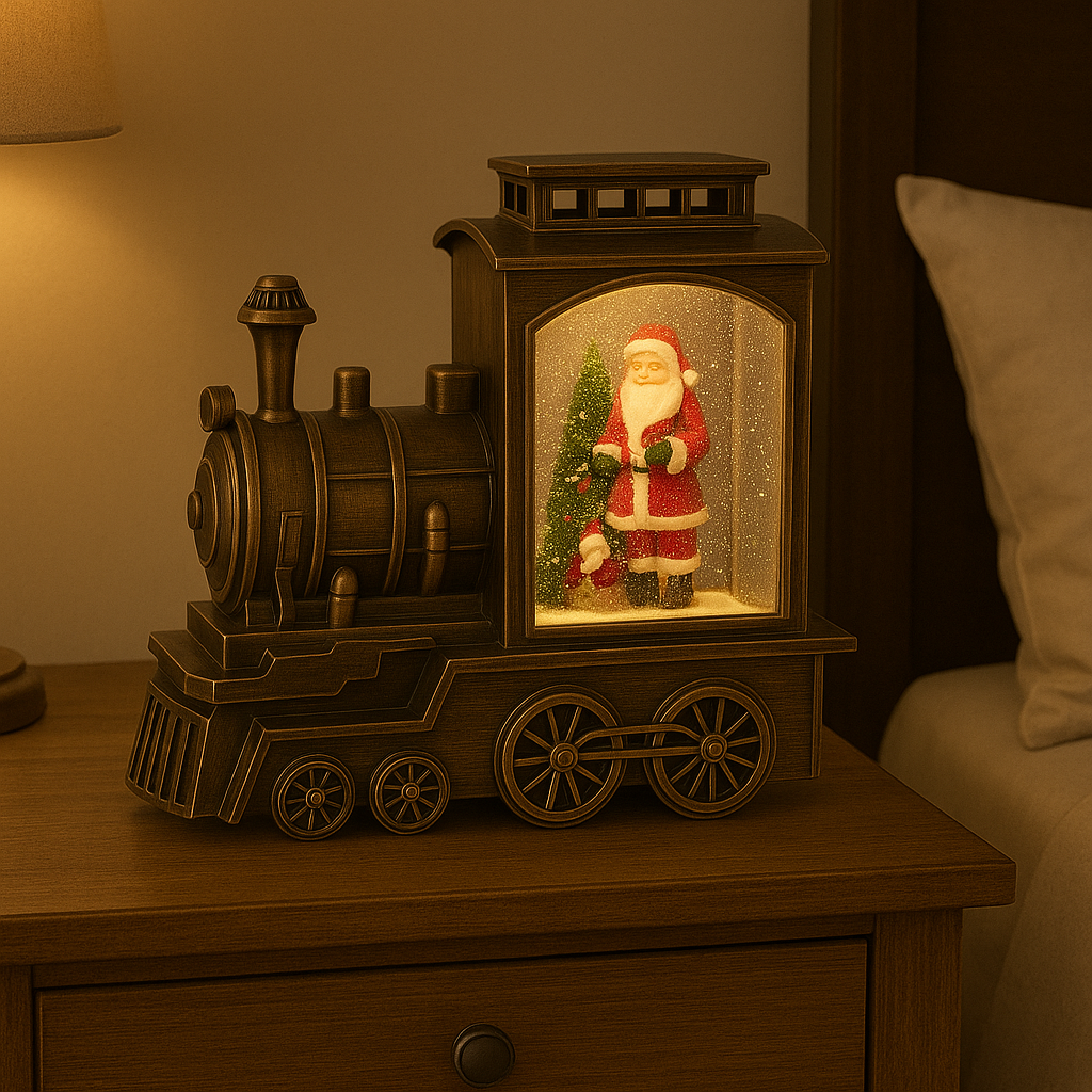 Tren Locomotiva Decorativa, Glob Craciun cu Mos Craciun, Bradut si Ninsoare, Functie Muzicala, Iluminare LED, Unibox