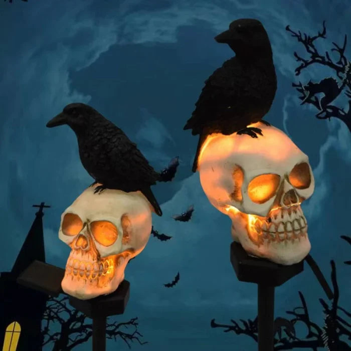 Set 2 Lampi Solare Halloween cu Craniu si Cioara Decoratiuni Gradina Curte - detaliu produs