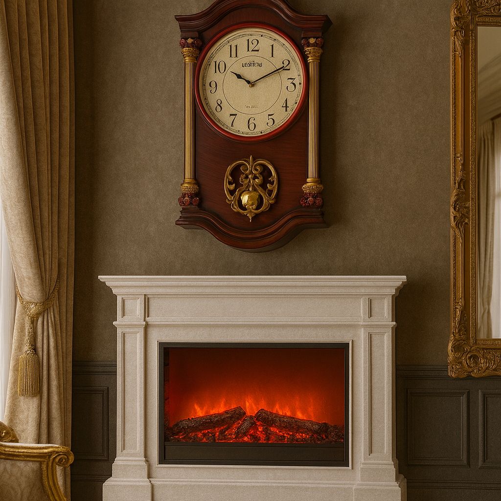 Ceas de perete maro cu decoratiuni aurii si pendula, stil somptuos, mecanism quartz, 60×40×10 cm