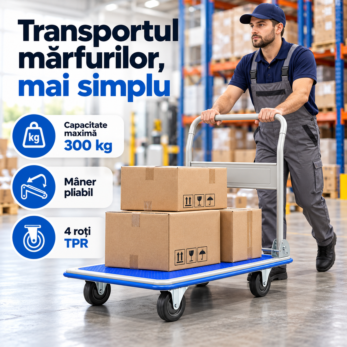 Carucior Platforma Pliabil Transport Marfa 300 kg 900x600 mm 4 Roti TPR Silentioase Maner Rabatabil Albastru - imagine principala