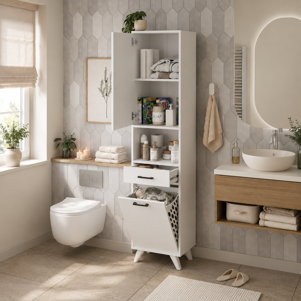 Dulap Baie Suspendat Alb 202cm Laundry Cabinet Waterfall Design Modern - detaliu produs