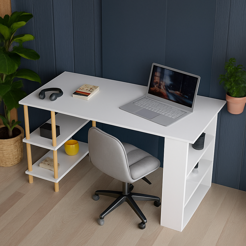 Birou de studiu cu raft dublu, MDF si lemn masiv, 120x60 cm