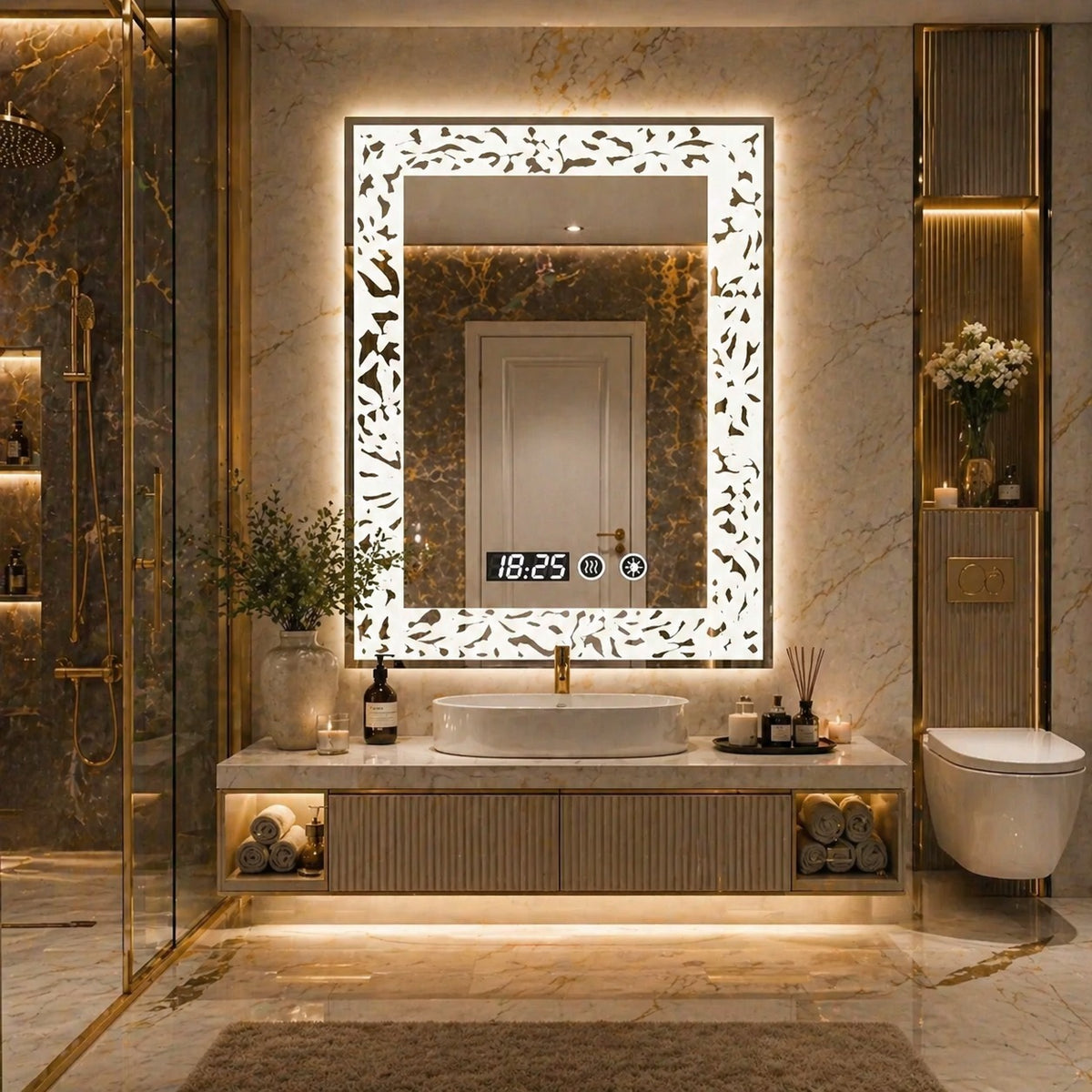 Oglinda LED baie 60x80 cm margini ornamentale iluminare reglabila touch ceas digital