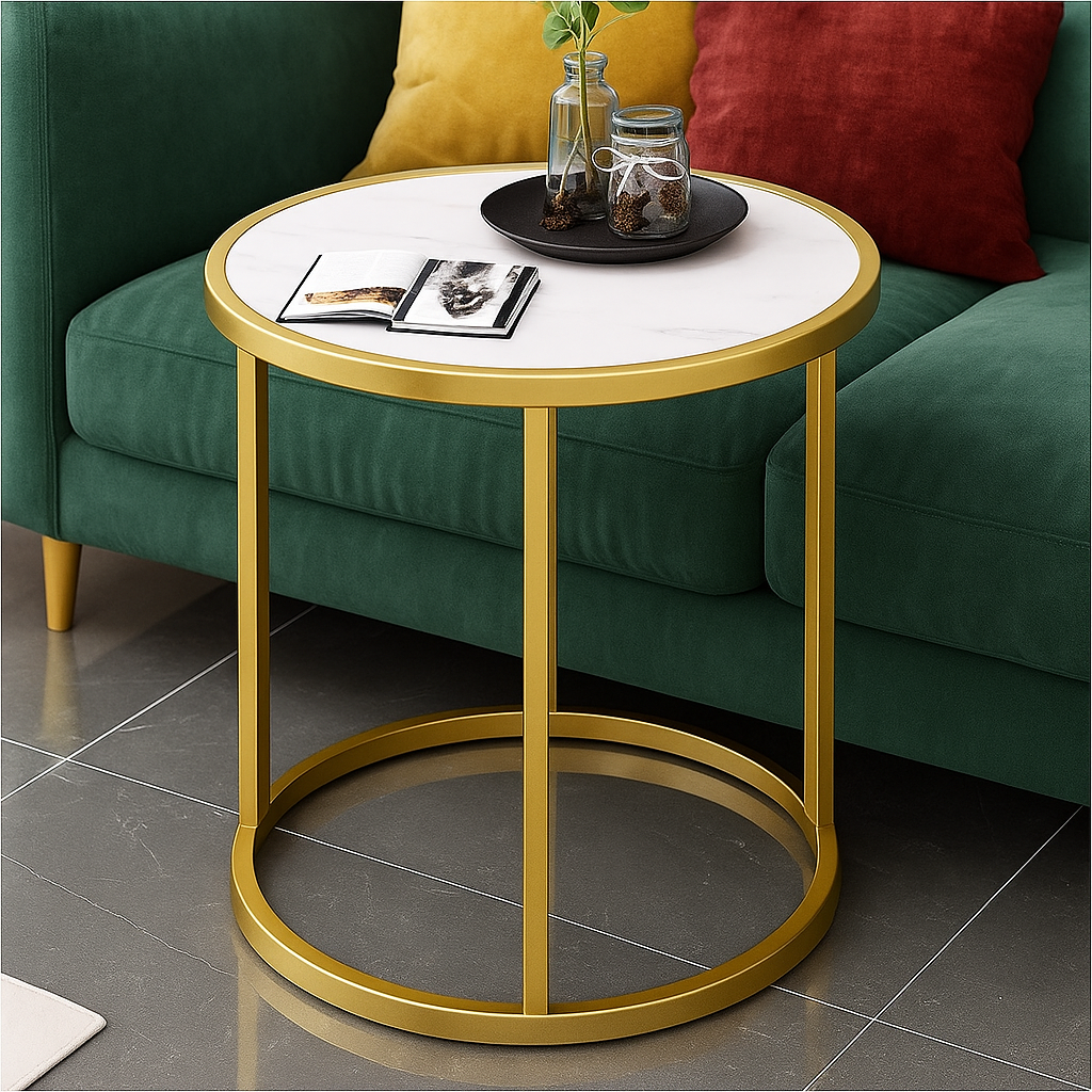 Masuta rotunda eleganta cu blat tip marmura si cadru metalic auriu, design modern pentru living 40 x 40 x 45 cm
