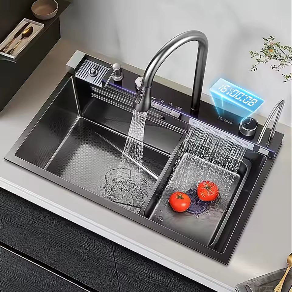 Chiuveta Bucatarie Multifunctionala Negru Grafit cu 2 Cascade, Robinet Cascada, Afisaj Digital Temperatura, Accesorii Incluse