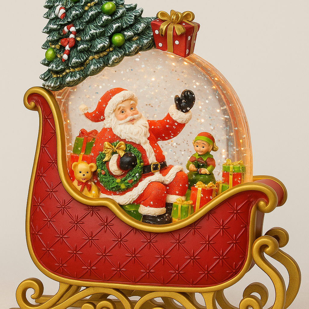 Lampa decorativa Craciun cu Mos Craciun in sanie, lumina si 8 melodii festive