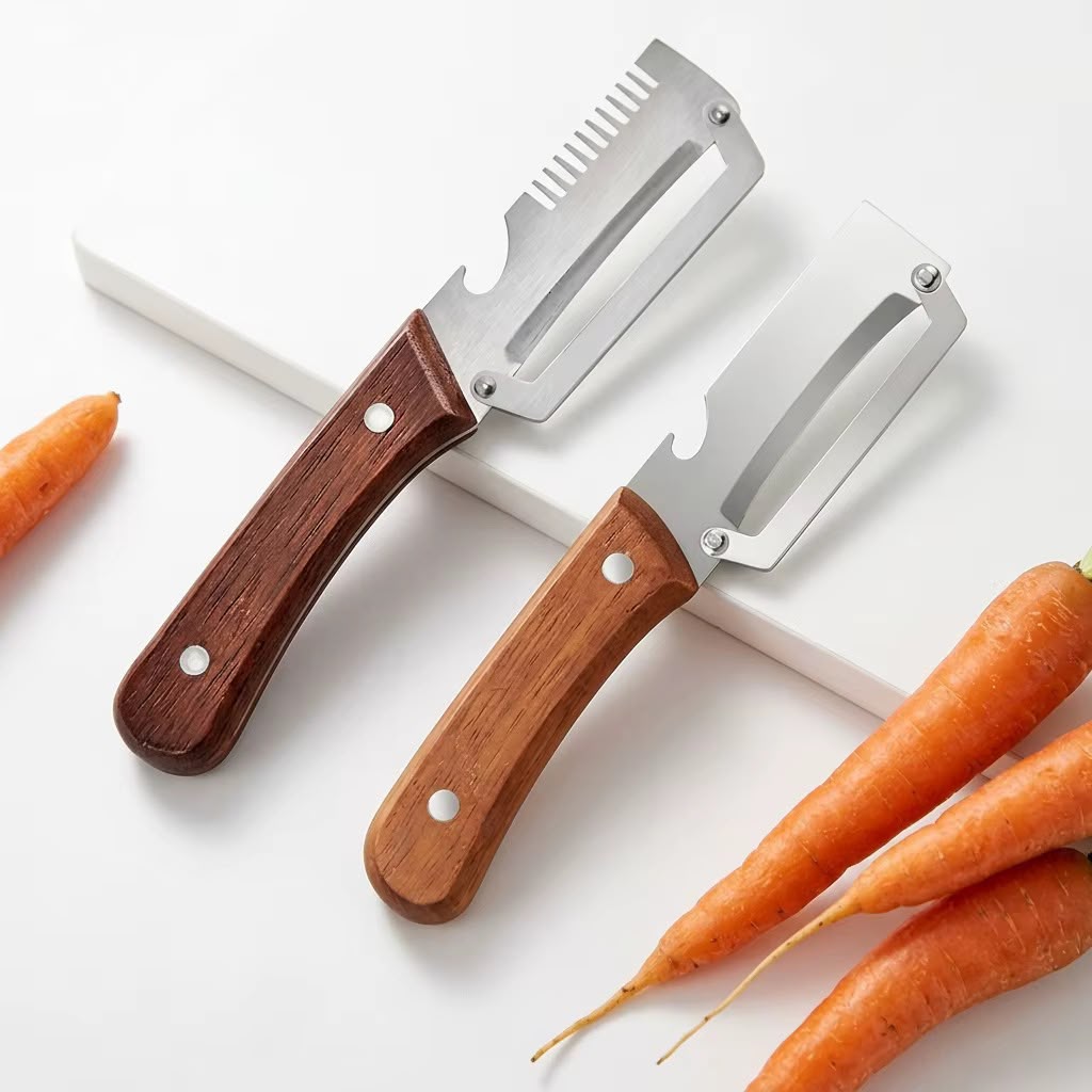 Set 2 curatatoare multifunctionale 2 in 1 pentru fructe si legume, cu deschizator de sticle integrat, lame din otel inoxidabil si maner din lemn - detaliu produs