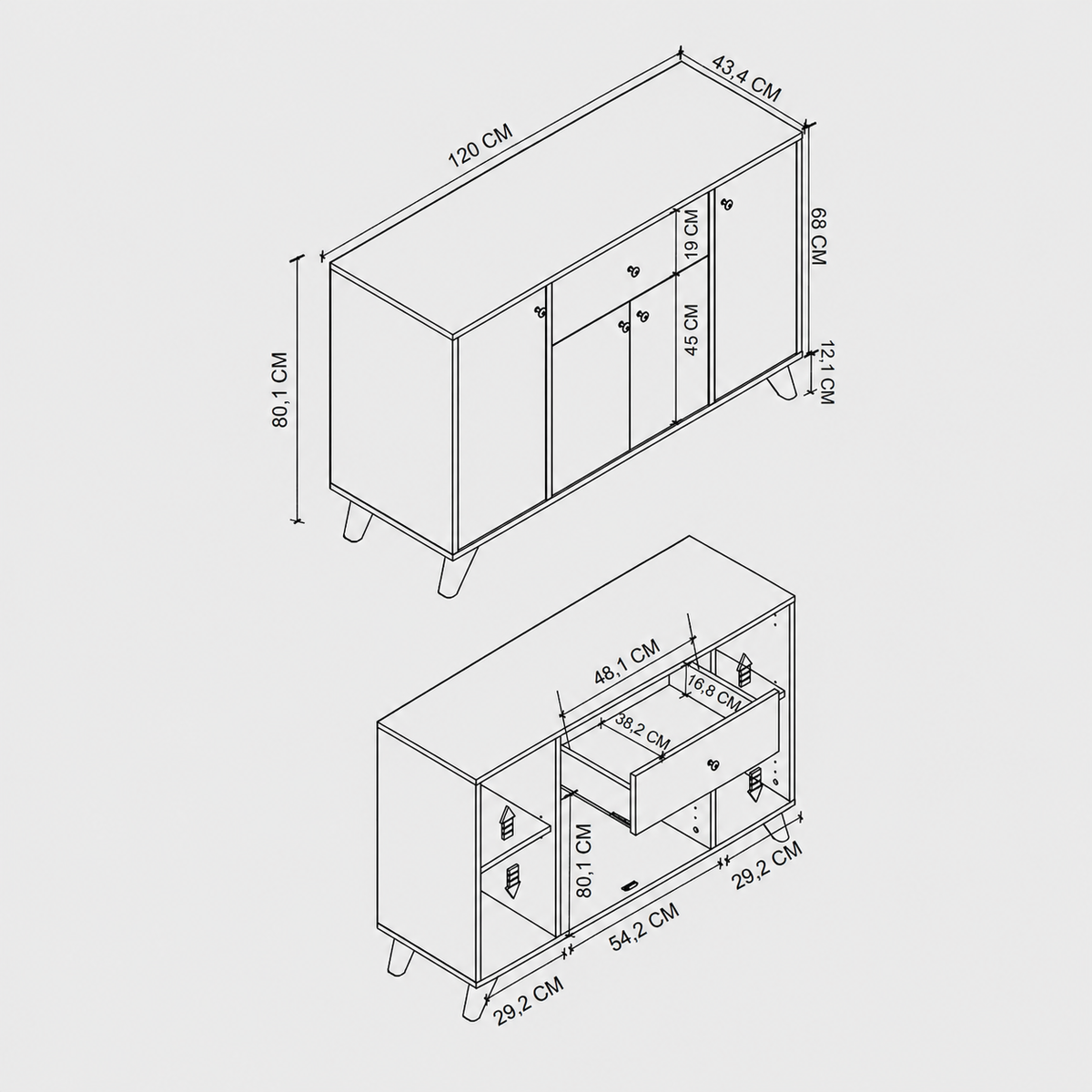 RESIGILAT - Dulap multifunctional 120x43,4x89 cm, cu 4 usi si sertare, pentru bucatarie, camara sau colt de cafea, alb