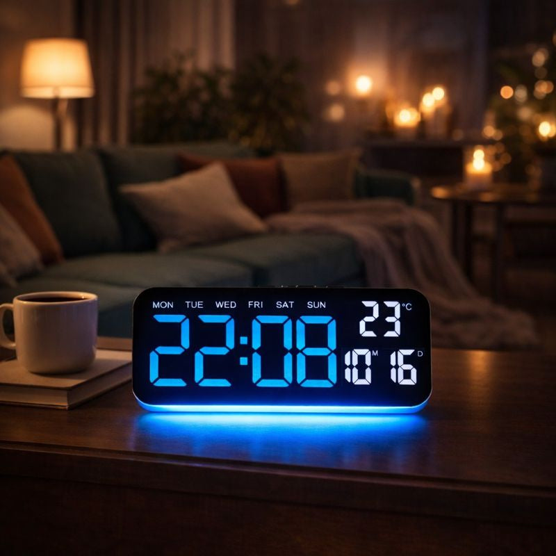 Ceas digital LED multifunctional cu afisaj mare si iluminare ambientala, 24 x9 cm