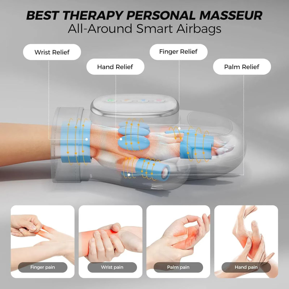 Aparat de Masaj pentru Maini Comprimare Termica Shiatsu 13 Pernite Aer USB-C Alb/Gri - detaliu produs