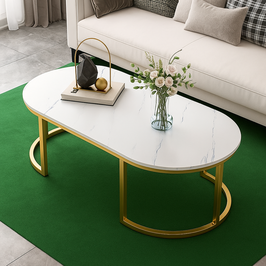 Masuta de cafea ovala, minimalista, design nordic, aspect marmura alba, 120 x 60 x 45 cm