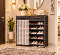 Pantofar Textil cu 2 Sertare și Rafturi Ajustabile, 95 × 30 × 123 cm, Cadru Metalic, Perdea Antipraf, Negru - detaliu produs