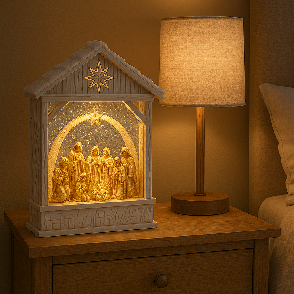 Glob muzical decorativ Craciun - Nasterea Domnului cu sclipici si lumina, 25cm