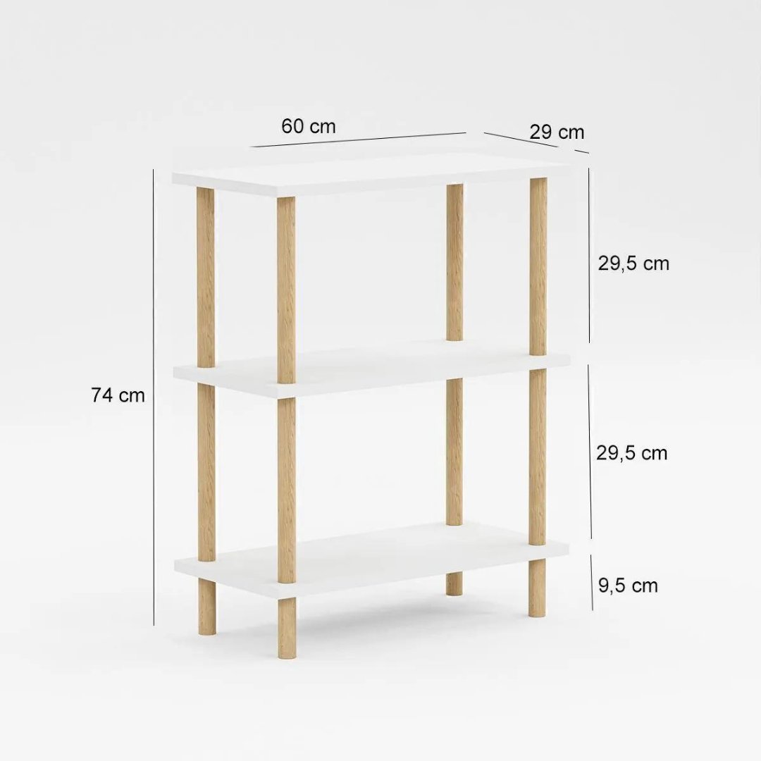Etajera decorativa cu 3 rafturi si picioare din lemn – ideala ca biblioteca sau masuta laterala