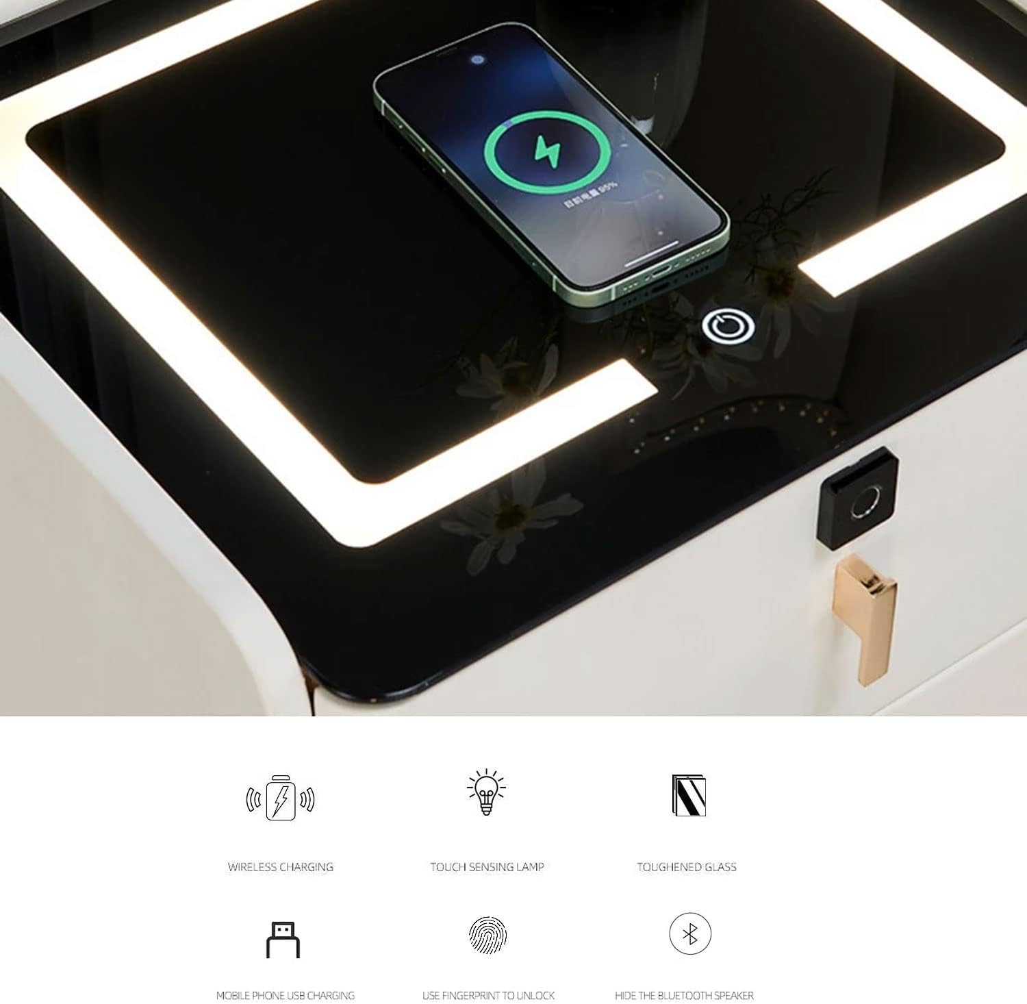 Noptiera Inteligenta Alba cu Incarcare Wireless USB si 2 Sertare - detaliu produs