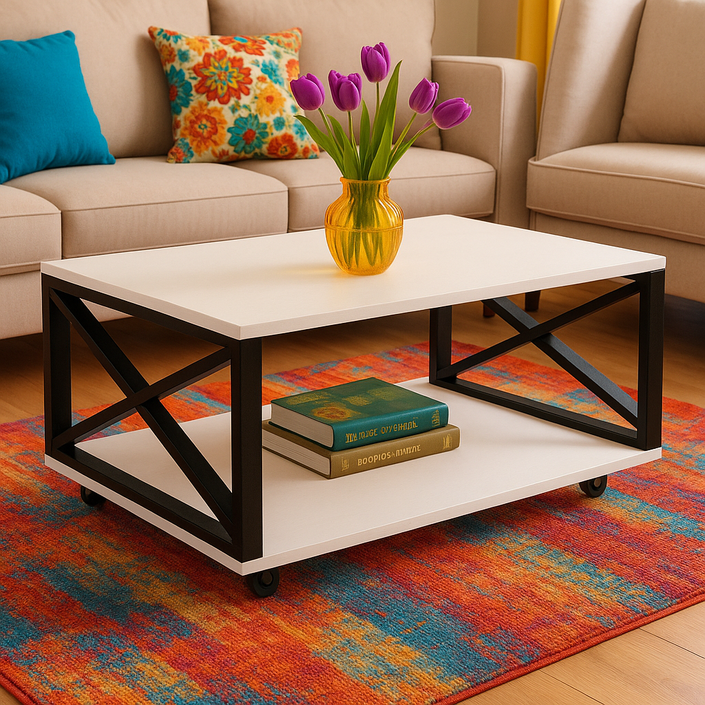 Masuta de cafea moderna, cu blat melaminat alb si cadru metalic, cu roti si spatiu de depozitare,  98 x 60 x 33.6 cm