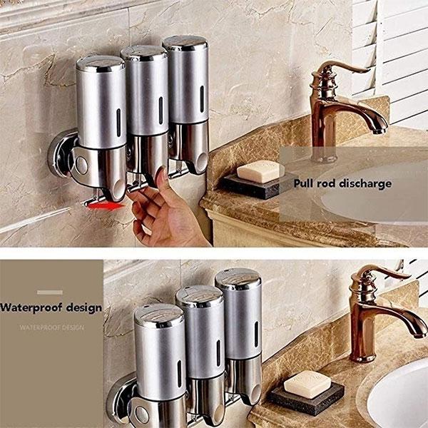 Set dispenser gel de dus, sampon, sapun lichid, balsam sau conditioner pentru baie, bucatarie, hotel, 3 X 500 ml, argintiu