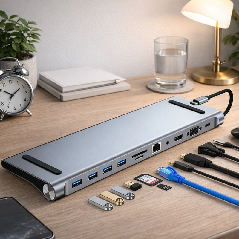 Adaptor hub USB-C 11 in 1 cu HDMI 4K, LAN, VGA, USB 3.0 si cititor card