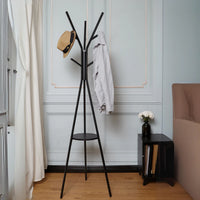 Cuier haine cu suport din lemn pentru accesorii, 9 carlige, otel carbon, 180 x 45 cm, negru - imagine 2