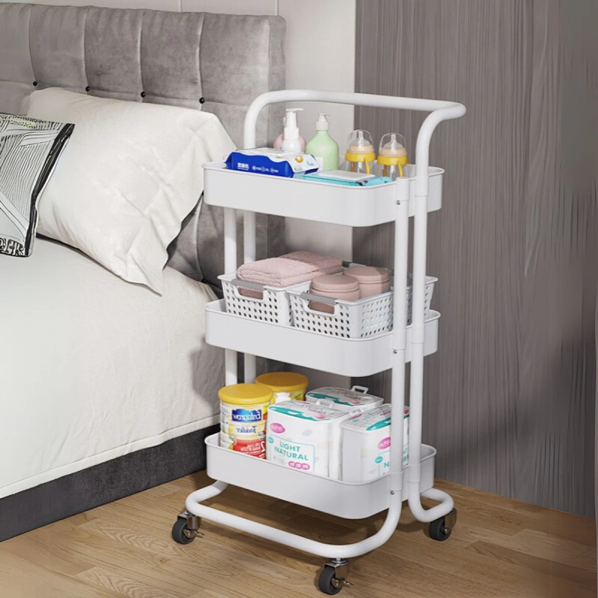 Raft portabil cu 3 nivele – cu cosuri metalice si roti rotative 360°