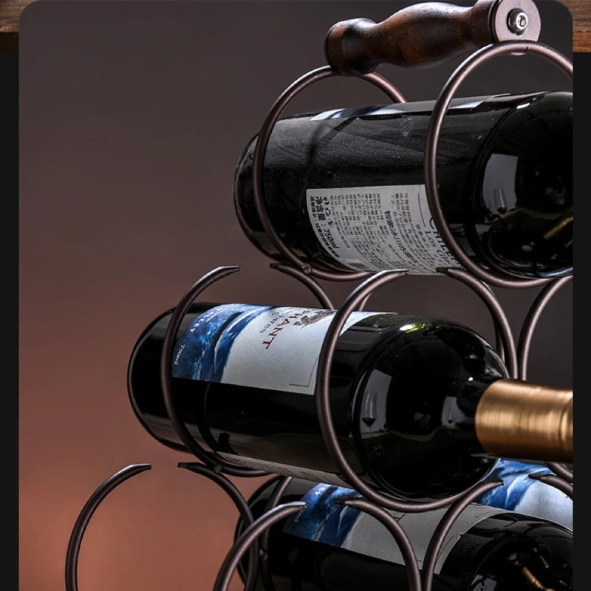 Suport pentru 6 sticle de vin, design modern, lemn natural si otel, 32.5 x 16 x 30 cm