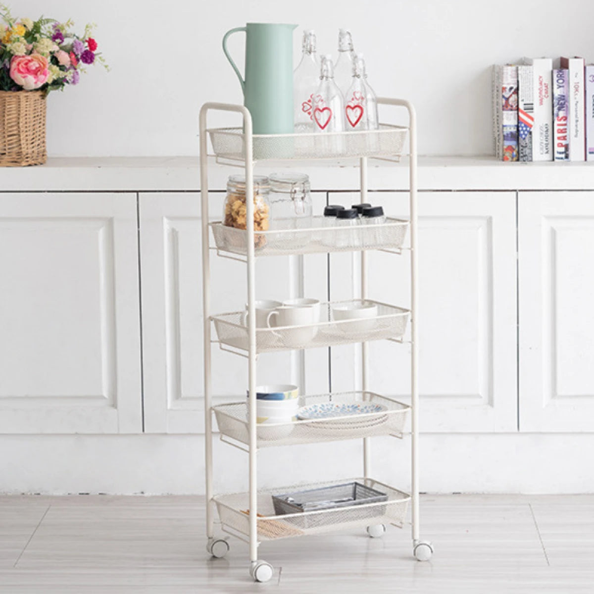 Raft slim portabil din metal, cu roti, 5 nivele, 45 x 27 x 105 cm - Tenq.ro