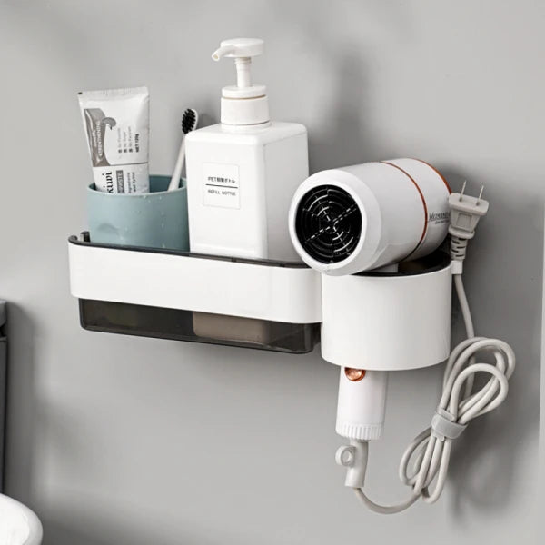 Suport autoadeziv pentru uscatorul de par, pahar pentru articole baie, ABS,  30.5 x 9.6 x 7 , alb