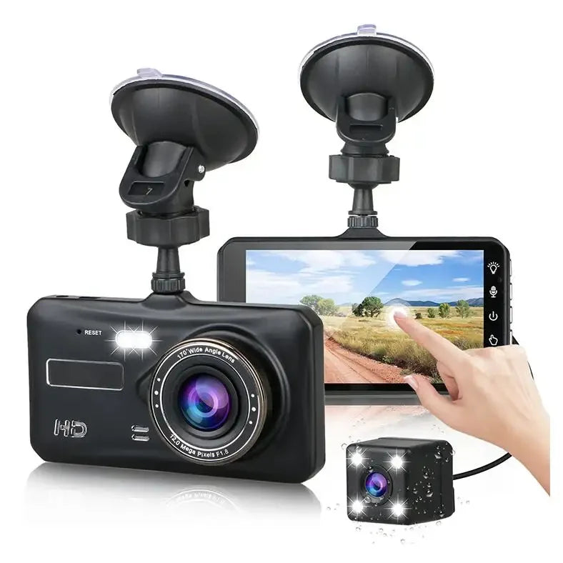 Camera auto dubla, Full HD, Rezolutie 1080p, Unghi filmare 170° in fata si 120° in spate, Ecran LCD 4 inch cu Touchscreen, Senzor G, filmare in bucla