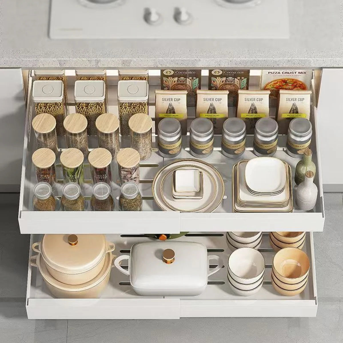 Sertar extensibil din metal cu 2 glisiere autoadezive soft-close, extragere totala, 32-50 cm x 42 cm, alb