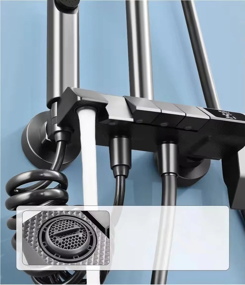 Set coloana de Dus cu para dreptunghiulara, Display LED, comenzi piano, 4 funcții curgere apa, Rotatie 360°, Pulverizare cu aer, robinet ascuns, fara conectare electrica