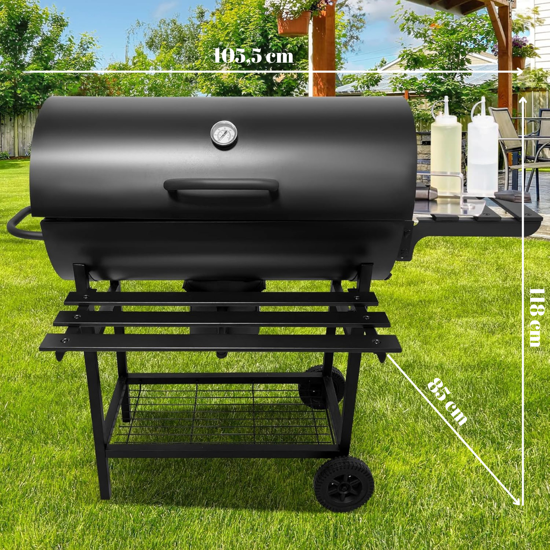 Gratar cu capac si termometru 105,5x85x118 cm – rafturi laterale, roti si aerisire reglabila