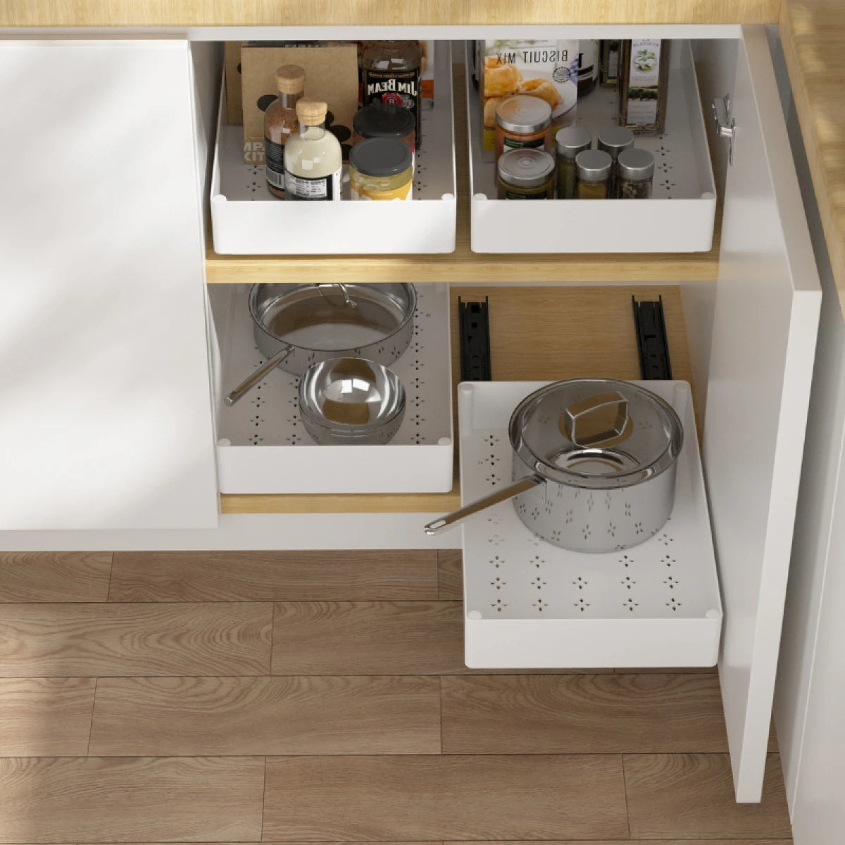 Set 3 sertare cu glisiere autoadezive soft-close, extragere totala, sina cu extensie, 3 dimensiuni, alb