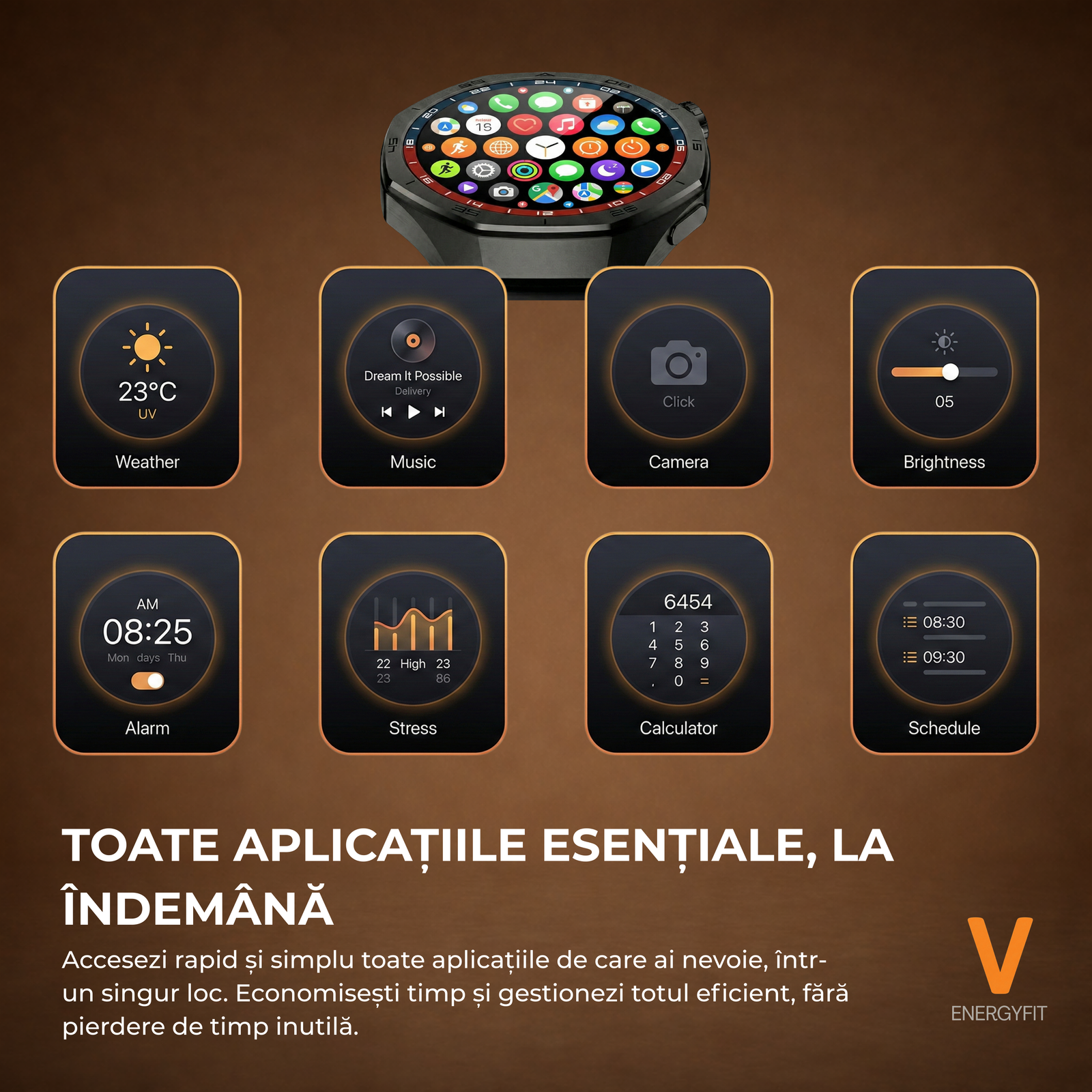 Ceas Smartwatch ENERGYFIT, Ecran AMOLED 1.43", Apel Bluetooth, ChatGPT AI, Notificari Romana, Fitness, Sport, Rezistent Apa 5ATM, Incarcare Wireless, 2 Curele, Negru