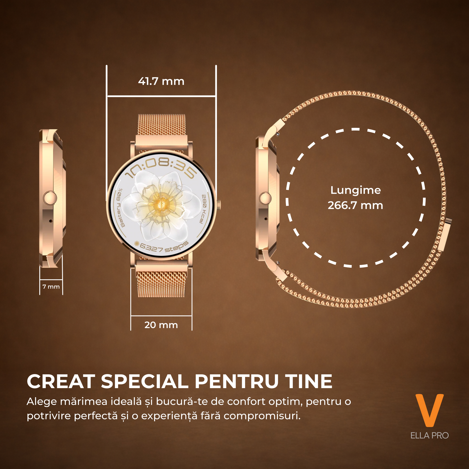 Ceas Smartwatch Dama ELLA PRO Vivendo®, Ecran AMOLED 1.32", Fitness, Apel Bluetooth, Notificari Limba Romana, ChatGPT AI, Incarcare Wireless, Rezistent Apa IP68, 2 Curele Incluse