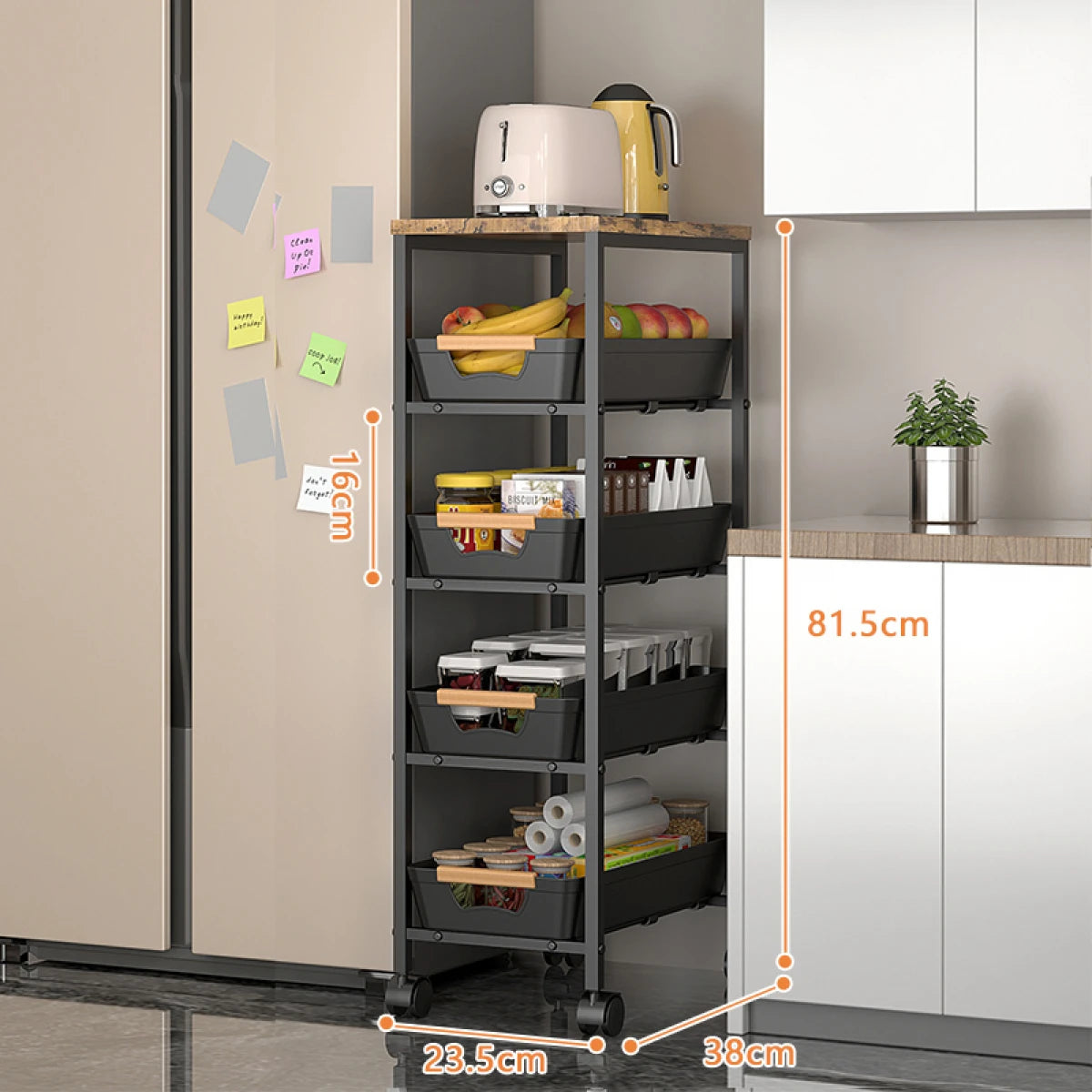 Suport slim portabil cu 5 nivele, 4 rafturi retractabile si 1 polita din MDF, rotativ 360°, 38x 23.5 x 81.5 cm