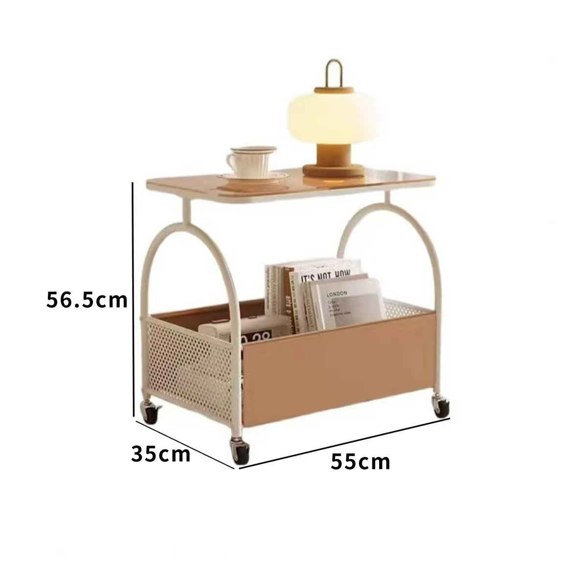 Masuta portabila cu compartiment pentru depozitare, blat din sticla, cadru metalic, 53 x 55 x 36 cm