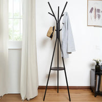 Cuier haine cu suport din lemn pentru accesorii, 9 carlige, otel carbon, 180 x 45 cm, negru - imagine 9