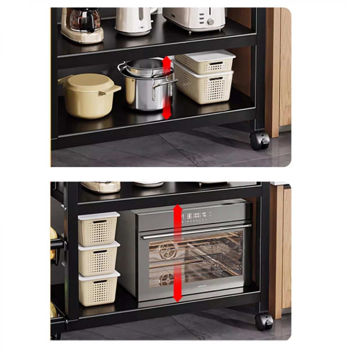 Raft metalic cu 4 polite si 3 cosuri pentru depozitare, portabil, 90  x 32  x 108  cm, negru