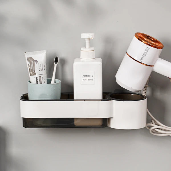 Suport autoadeziv pentru uscatorul de par, pahar pentru articole baie, ABS,  30.5 x 9.6 x 7 , alb