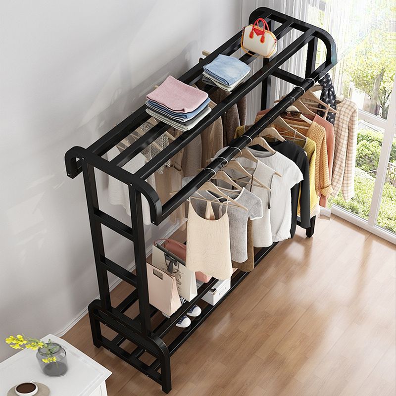 Suport dublu de umerase pentru haine, cu 2 suporti de pantofi, din metal, cu raft depozitare deasupra – 70KG greutate maxima, 150 x 110 x 50cm