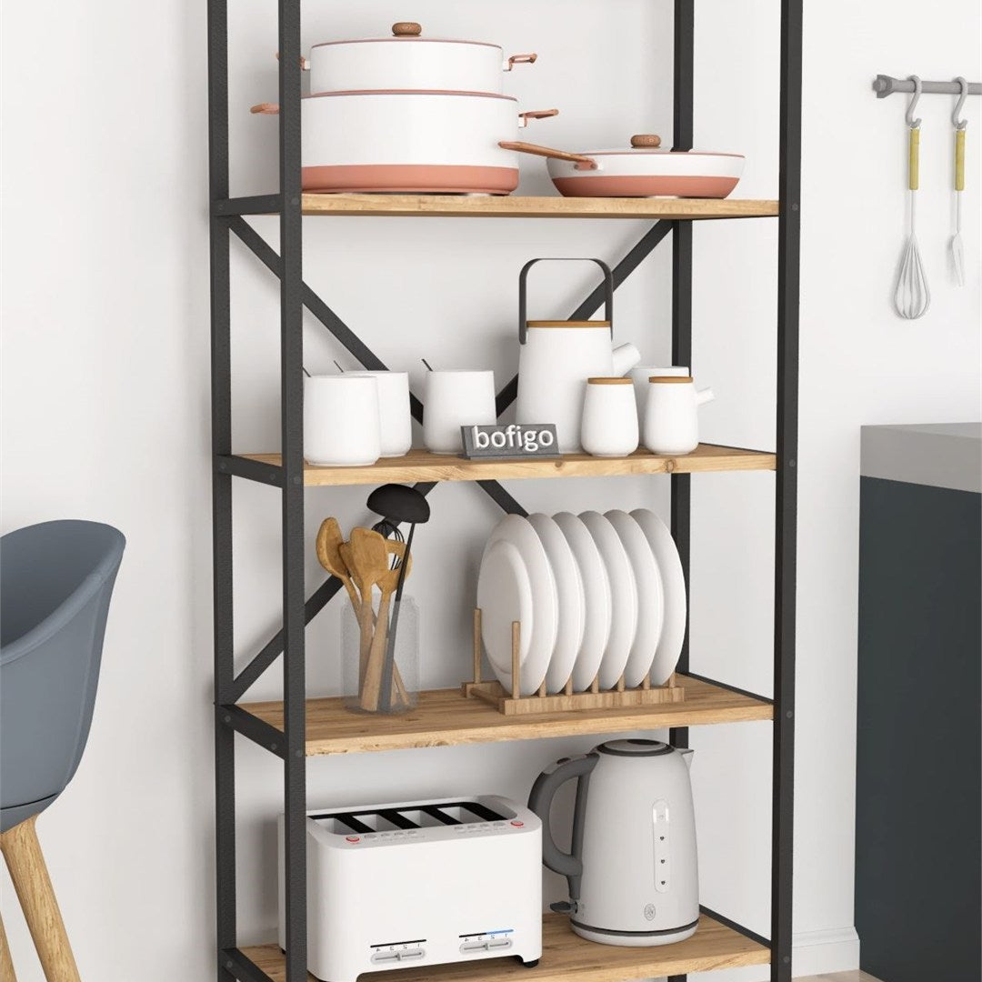 Organizator bucatarie cu 5 rafturi metalice, raft bucatarie 50 x 150 cm pentru oale tocatoare condimente sau microunde, cadru metalic vopsit anti-coroziune, stabilitate maxima, stil industrial modern Pin natur - vedere principala