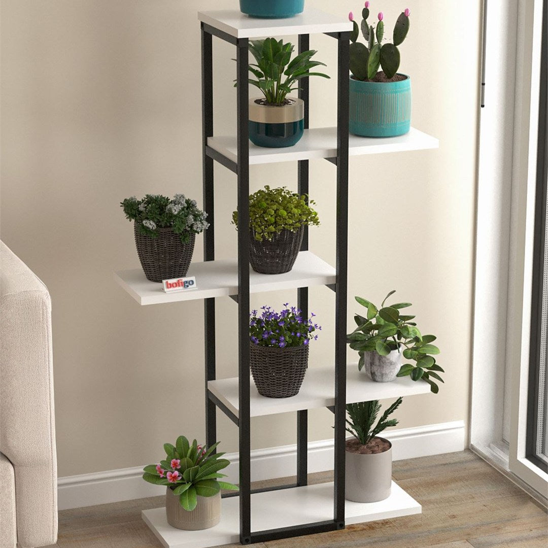 Suport flori Papatya multifunctional, etajera decorativa pentru ghivece si obiecte 40 x 120 cm, cadru metalic negru + rafturi PAL melaminat 18 mm, ideal pentru living balcon sau birou, stil industrial modern Alb - vedere principala