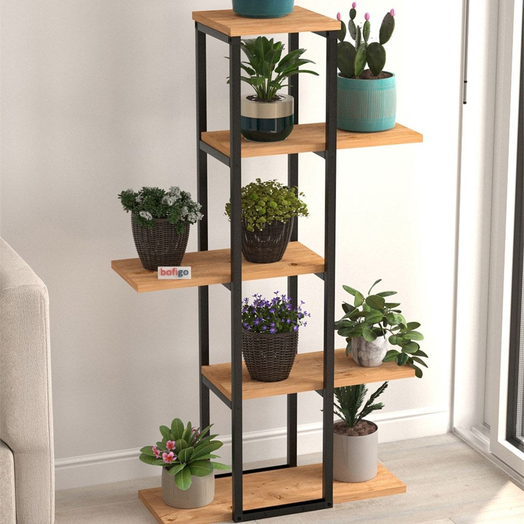 Suport flori Papatya multifunctional, etajera decorativa pentru ghivece si obiecte 40 x 120 cm, cadru metalic negru + rafturi PAL melaminat 18 mm, ideal pentru living balcon sau birou, stil industrial modern Pin natur - vedere principala
